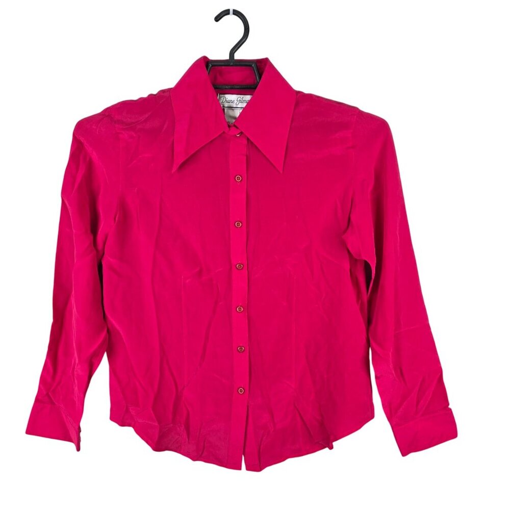 Womens Vintage Diane Gilman Hot Pink 100% Silk Blouse Button Up Long Sleeves M